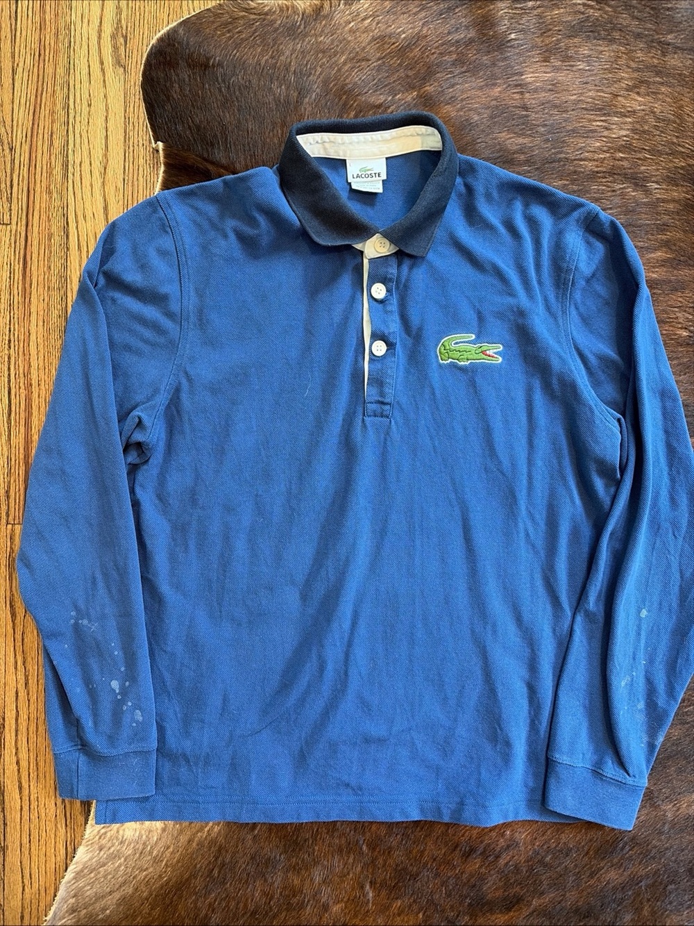 Vtg Lacoste Rugby Shirt Polo Big Croc Spellout Long Sleeve Blue Men 5191L FLAW